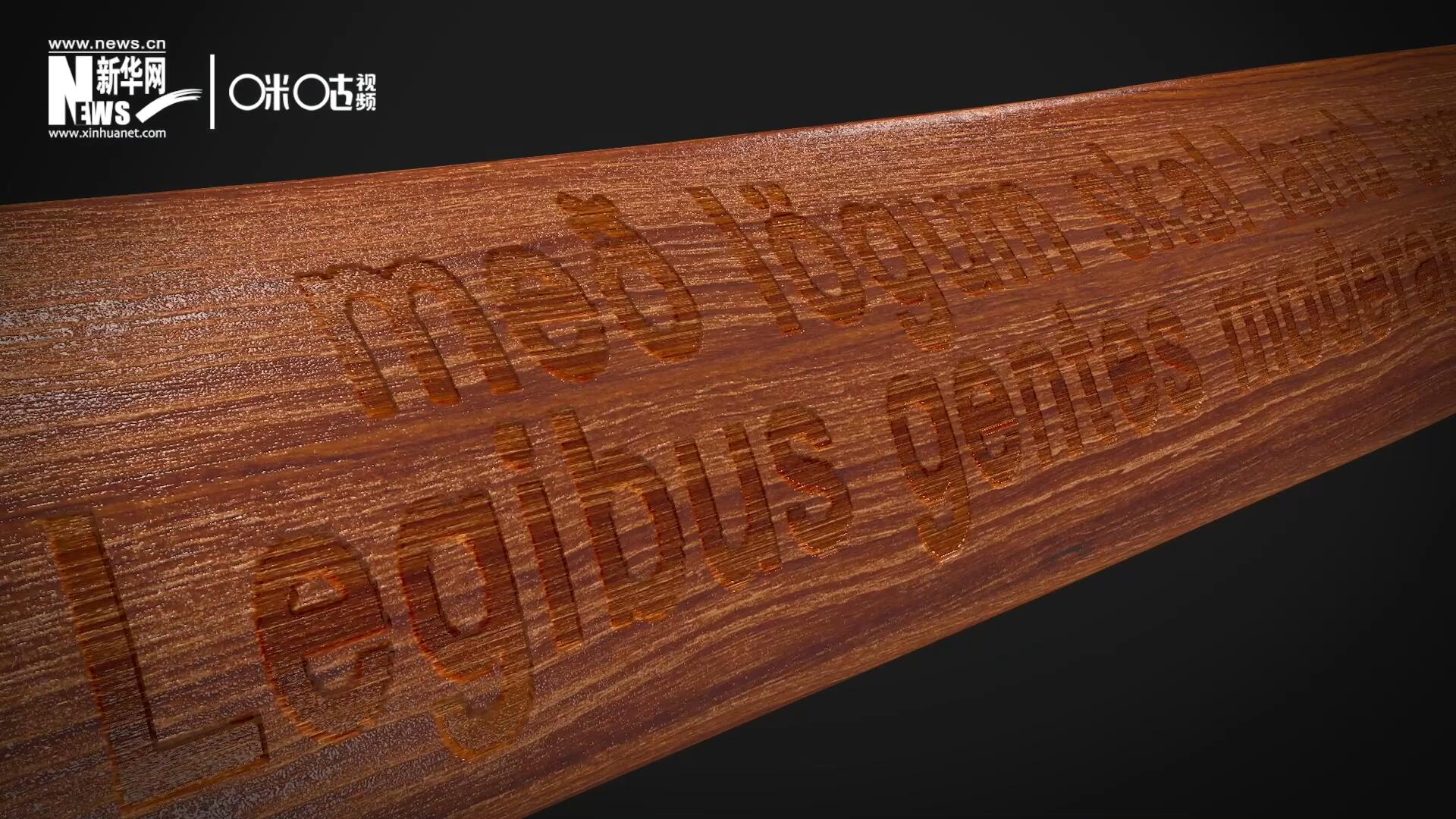 這把木槌尺寸超大、顏色棕紅、精雕細(xì)刻，上面刻有“社會(huì)必須建立在法律的基礎(chǔ)上”。