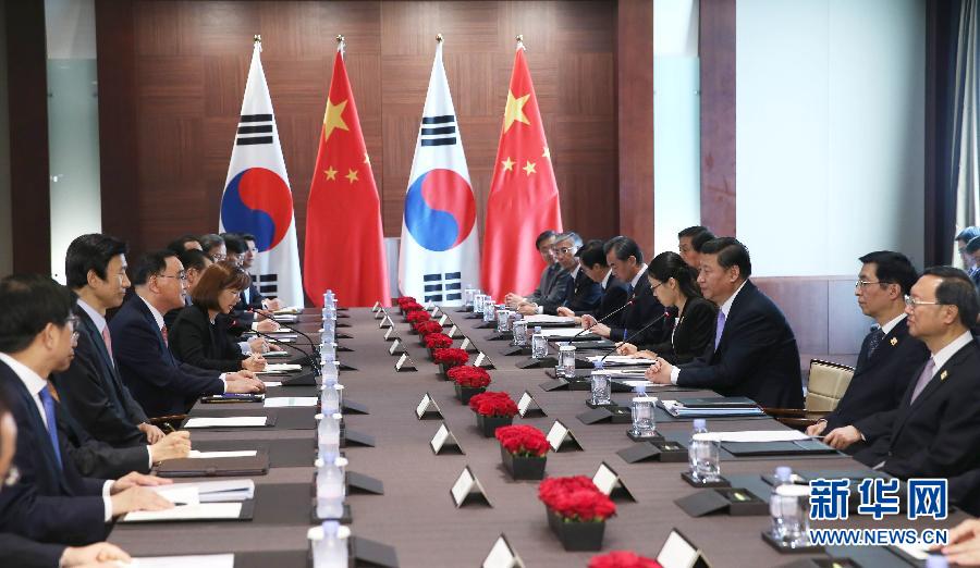 7月4日，國家主席習(xí)近平在首爾會見韓國總理鄭烘原。 新華社記者謝環(huán)馳攝 